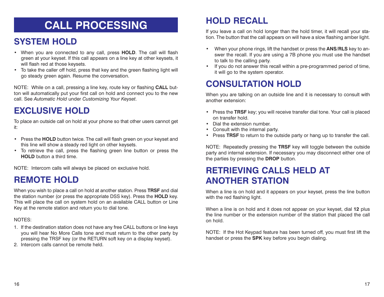 Call processing, Hold recall, Consultation hold | Retrieving calls held at another station, System hold, Exclusive hold, Remote hold | Samsung iDCS 500-DCS User Manual | Page 11 / 32