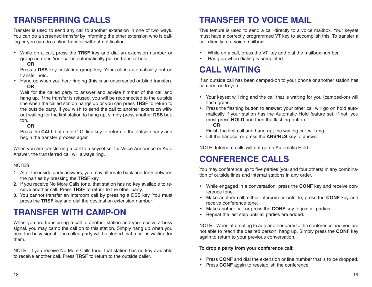 Transfer to voice mail, Call waiting, Conference calls | Transferring calls, Transfer with camp-on | Samsung iDCS 500-DCS User Manual | Page 12 / 32