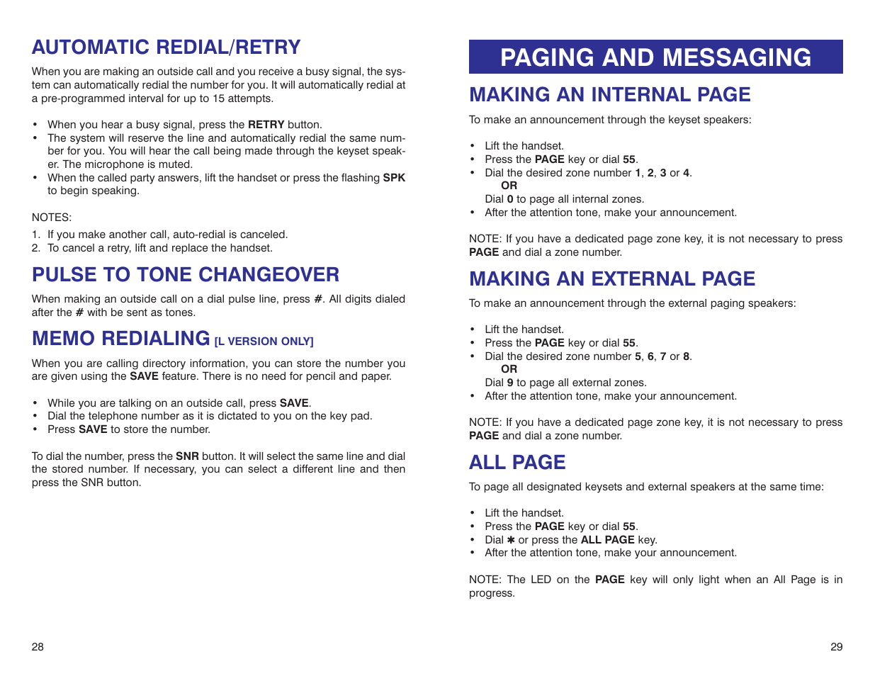 Paging and messaging, Automatic redial/retry, Pulse to tone changeover | Making an internal page, Making an external page, All page | Samsung iDCS 500-DCS User Manual | Page 17 / 32