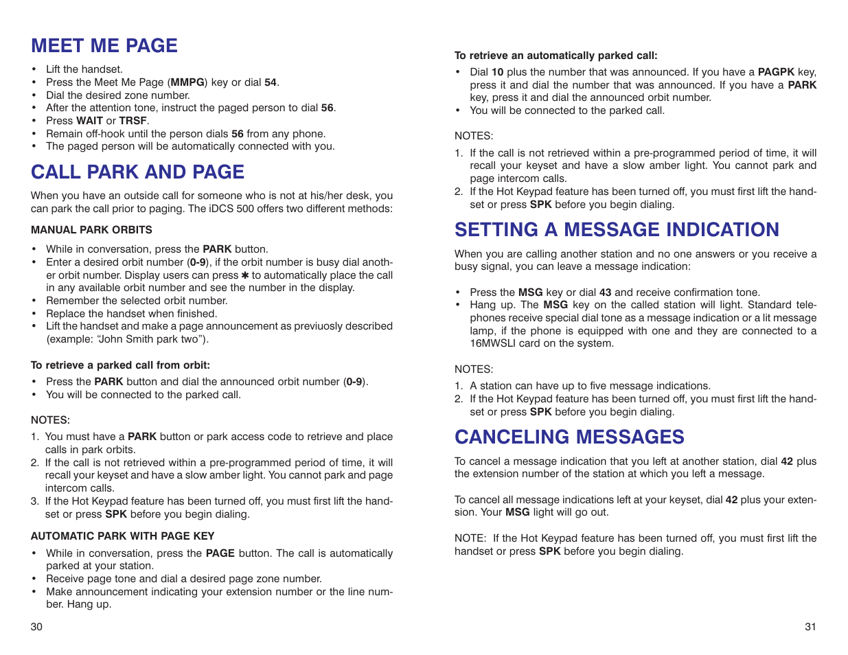 Setting a message indication, Canceling messages, Meet me page | Call park and page | Samsung iDCS 500-DCS User Manual | Page 18 / 32