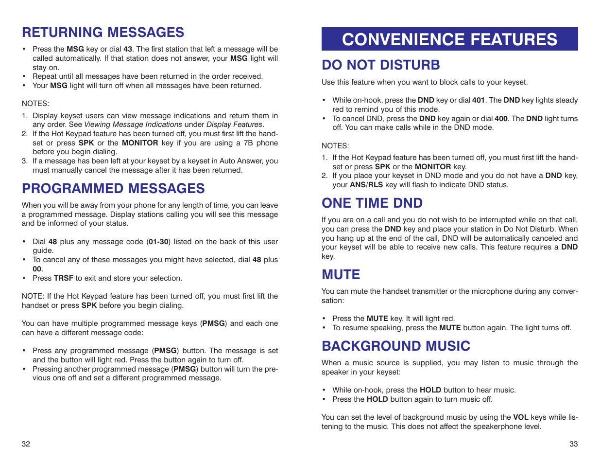 Convenience features, Returning messages, Programmed messages | Do not disturb, One time dnd, Mute, Background music | Samsung iDCS 500-DCS User Manual | Page 19 / 32