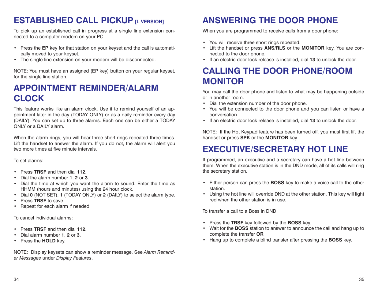 Answering the door phone, Calling the door phone/room monitor, Executive/secretary hot line | Established call pickup, Appointment reminder/alarm clock | Samsung iDCS 500-DCS User Manual | Page 20 / 32