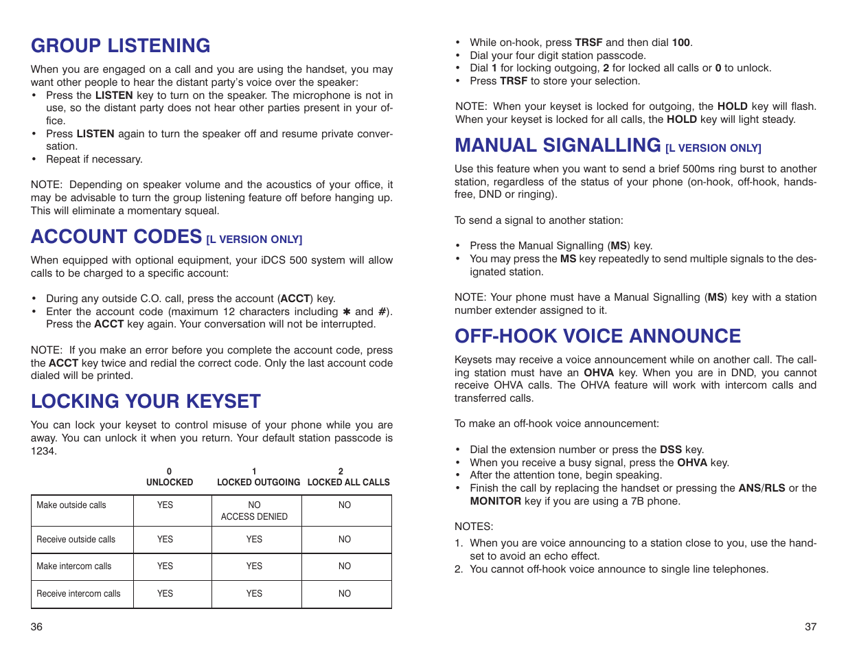 Manual signalling, Off-hook voice announce, Group listening | Account codes, Locking your keyset | Samsung iDCS 500-DCS User Manual | Page 21 / 32