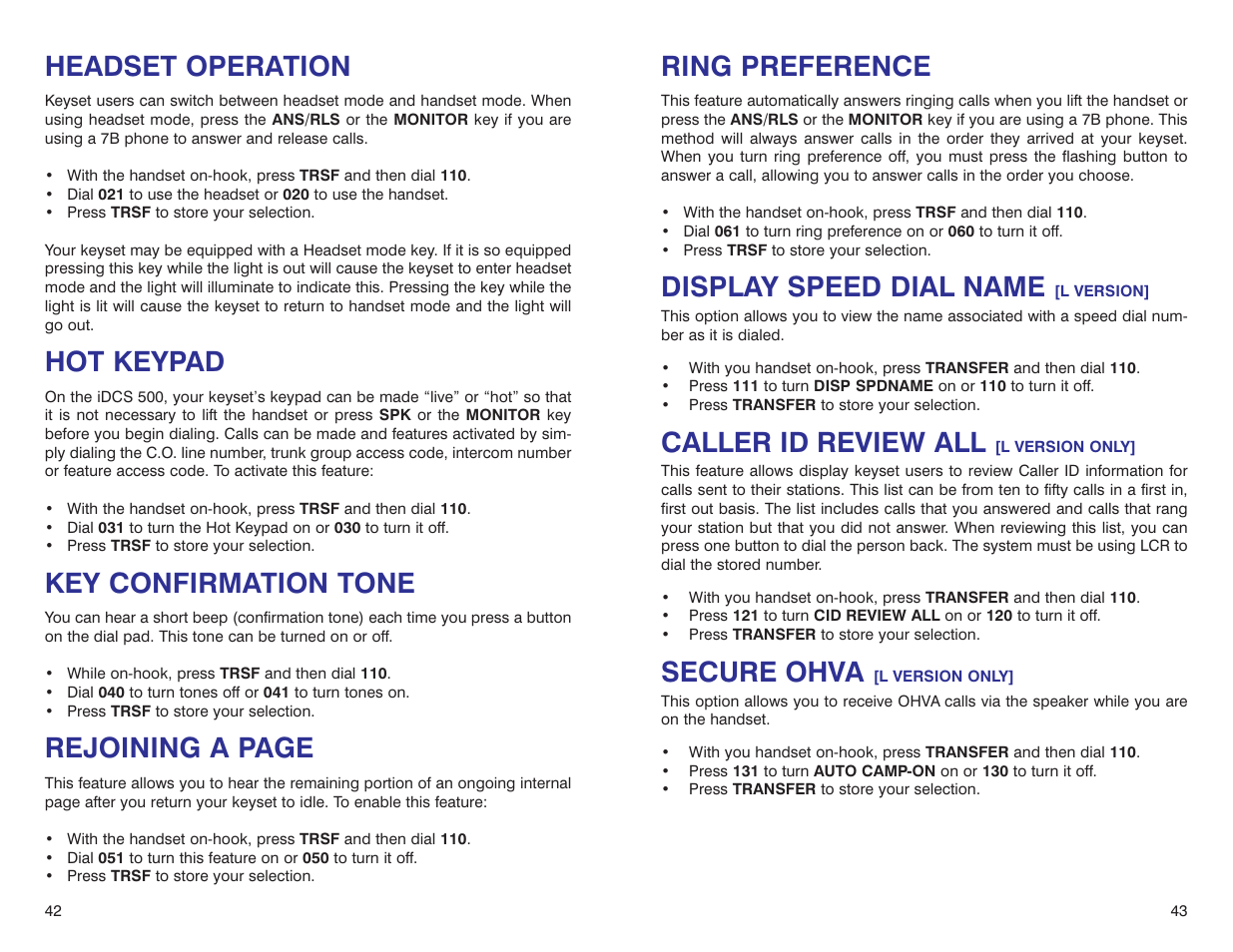 Ring preference, Display speed dial name, Caller id review all | Secure ohva, Headset operation, Hot keypad, Key confirmation tone, Rejoining a page | Samsung iDCS 500-DCS User Manual | Page 24 / 32