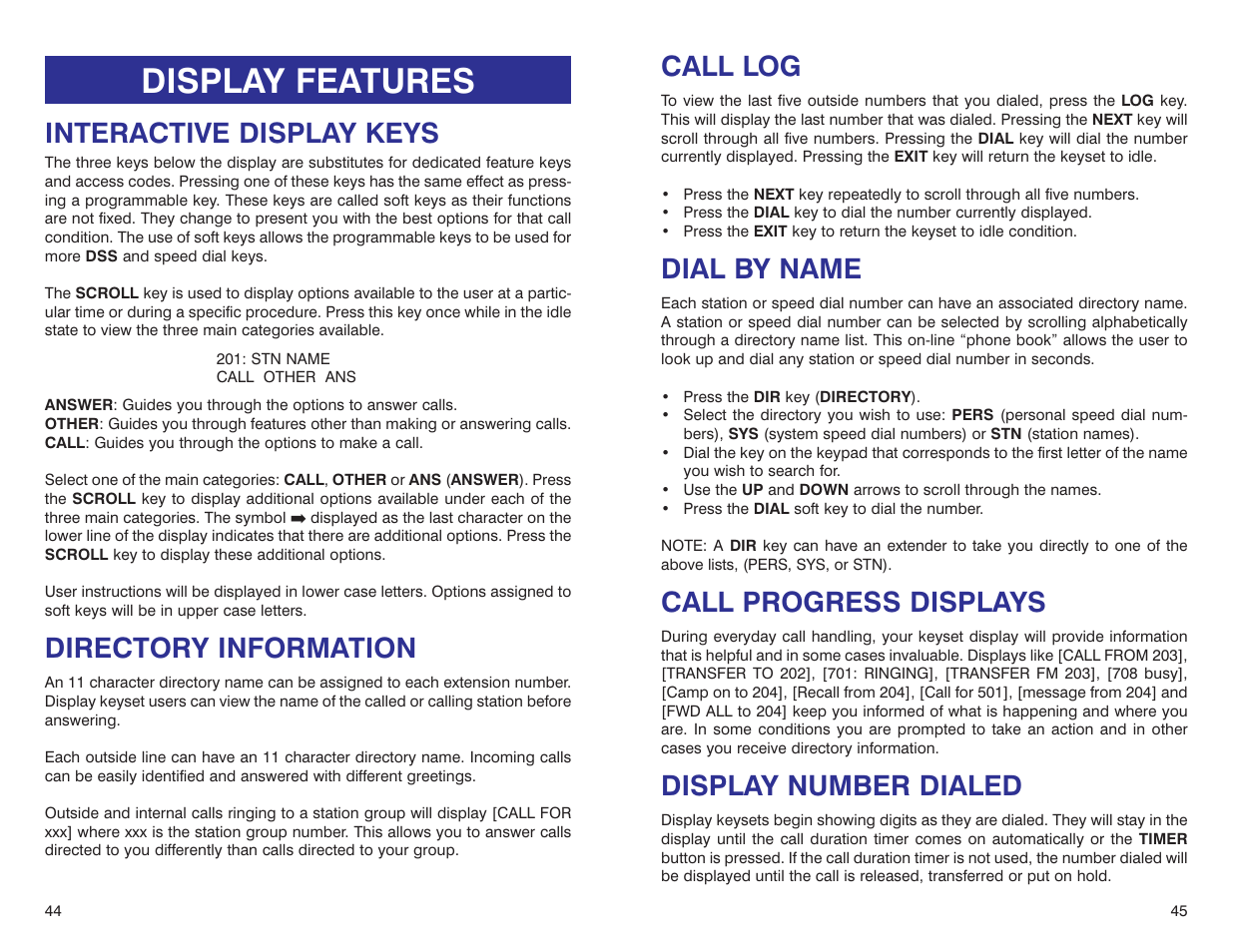 Display features, Call log, Dial by name | Call progress displays, Display number dialed, Interactive display keys, Directory information | Samsung iDCS 500-DCS User Manual | Page 25 / 32