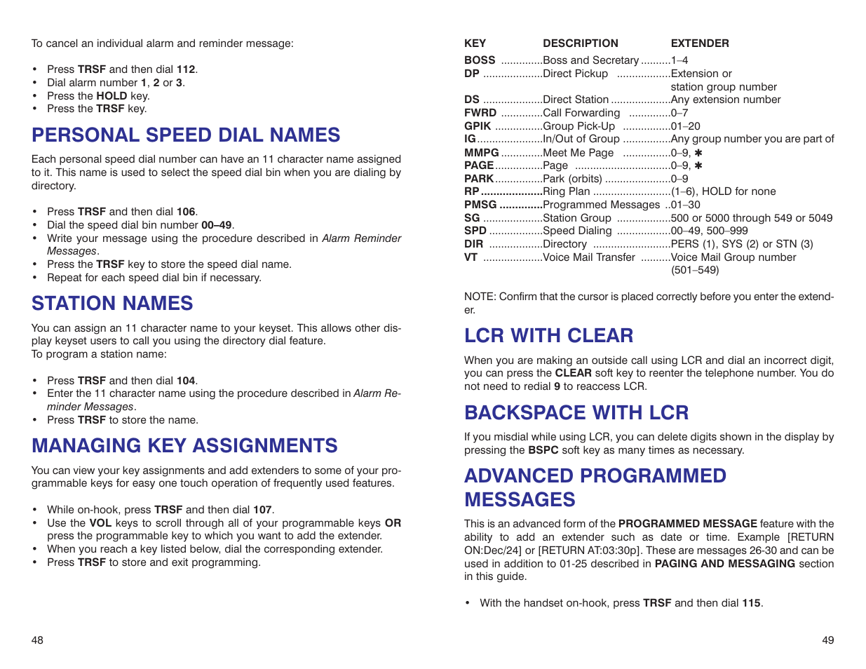 Lcr with clear, Backspace with lcr, Advanced programmed messages | Personal speed dial names, Station names, Managing key assignments | Samsung iDCS 500-DCS User Manual | Page 27 / 32