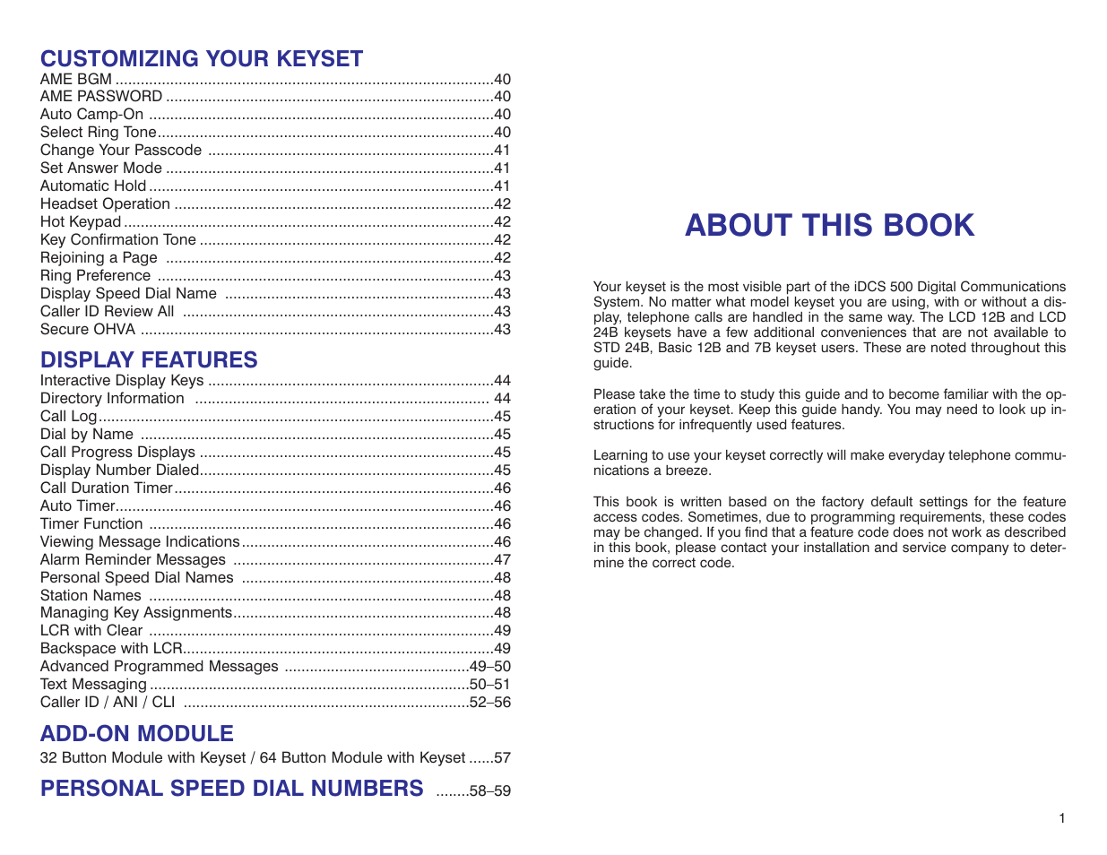 About this book, Customizing your keyset, Display features | Add-on module, Personal speed dial numbers | Samsung iDCS 500-DCS User Manual | Page 3 / 32