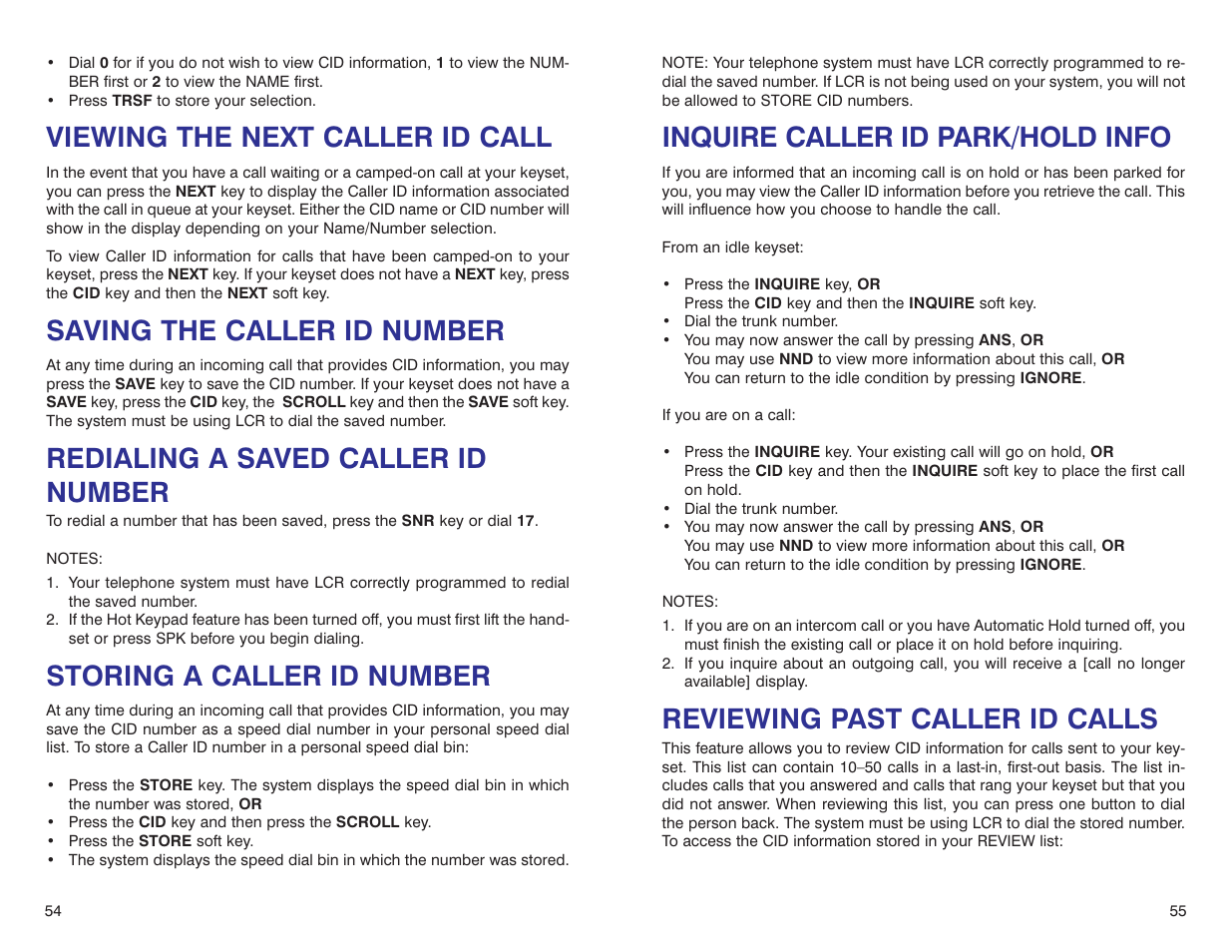 Viewing the next caller id call, Saving the caller id number, Redialing a saved caller id number | Storing a caller id number, Inquire caller id park/hold info, Reviewing past caller id calls | Samsung iDCS 500-DCS User Manual | Page 30 / 32