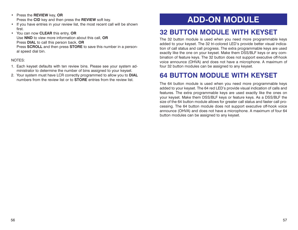 Add-on module, 32 button module with keyset, 64 button module with keyset | Samsung iDCS 500-DCS User Manual | Page 31 / 32