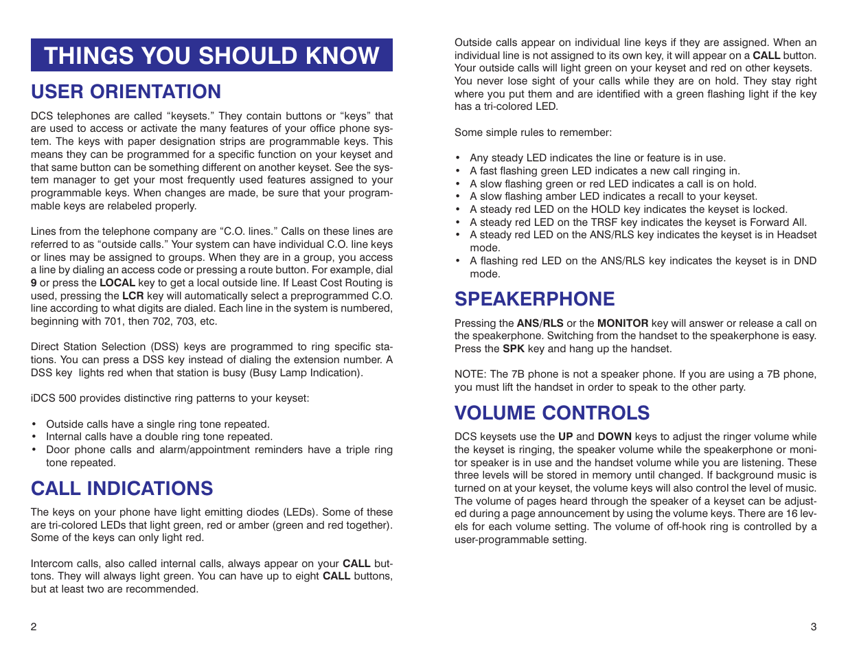 Things you should know, Speakerphone, Volume controls | User orientation, Call indications | Samsung iDCS 500-DCS User Manual | Page 4 / 32