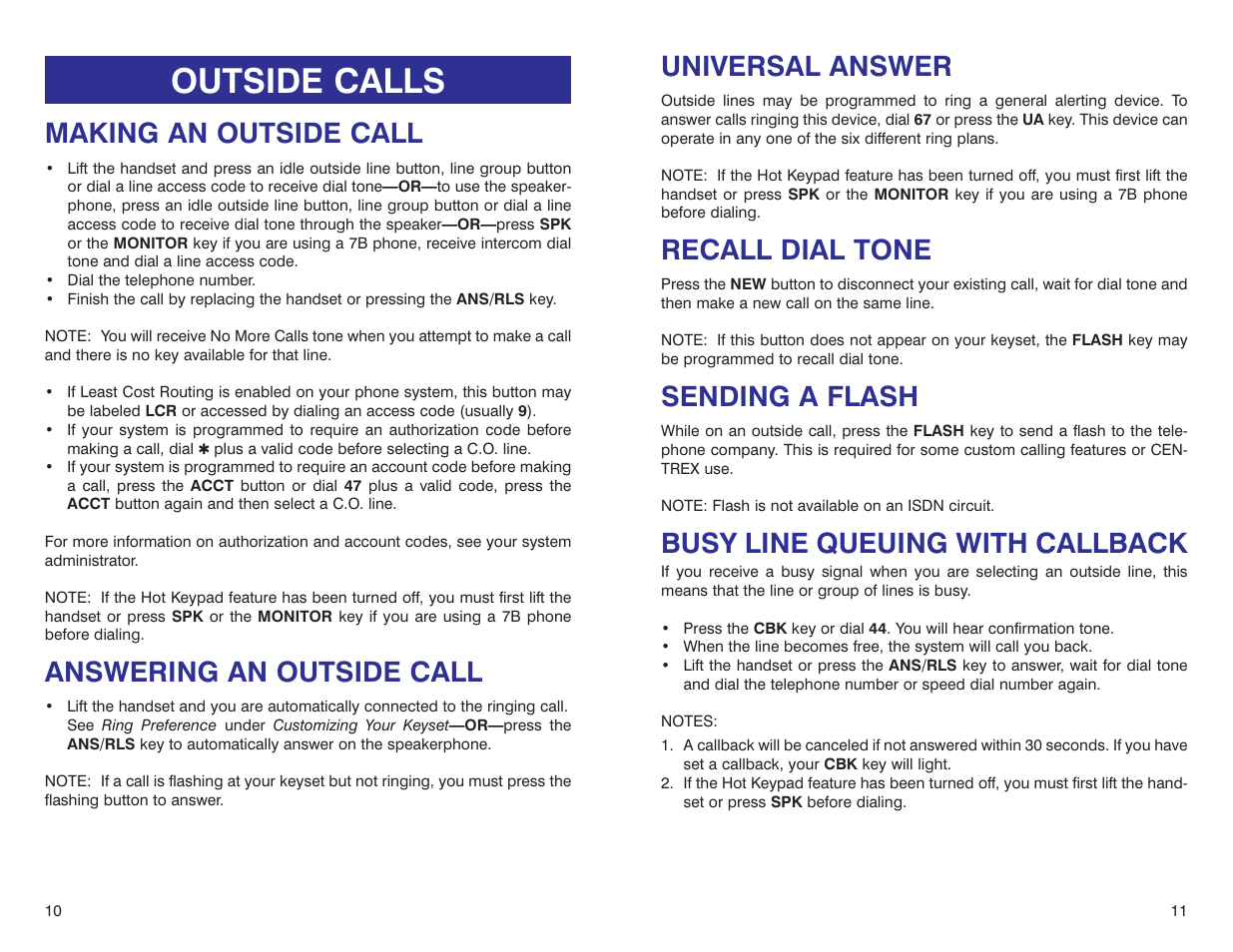 Outside calls, Universal answer, Recall dial tone | Sending a flash, Busy line queuing with callback, Making an outside call, Answering an outside call | Samsung iDCS 500-DCS User Manual | Page 8 / 32