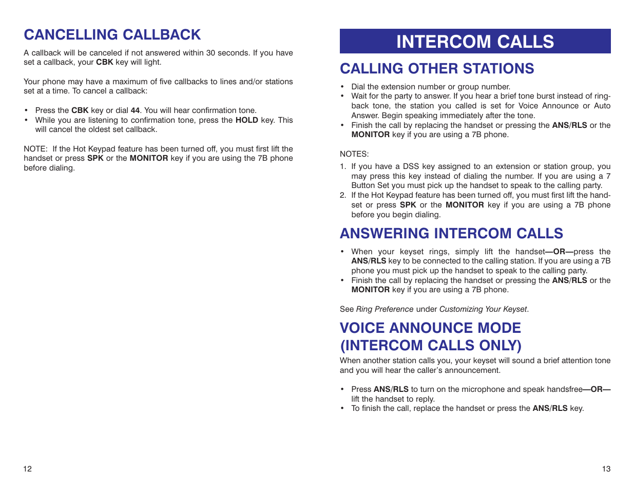 Intercom calls, Cancelling callback, Calling other stations | Answering intercom calls, Voice announce mode (intercom calls only) | Samsung iDCS 500-DCS User Manual | Page 9 / 32