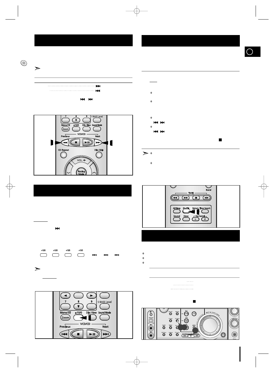 Searching for a specific music passage on a cd, Function to skip through 10 tracks at a time, Shuffle play function | Repeating one or all tracks on the compact discs | Samsung MAX-VS720 User Manual | Page 13 / 28