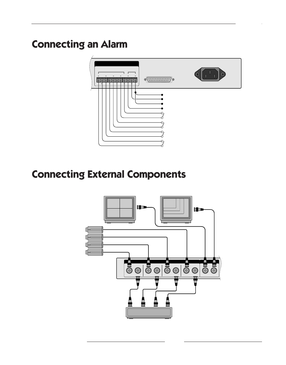 Connecting an alarm, Connecting external components, Connecting an alarm connecting external components | Chapter 3, Time lapse vcr alarm unit sensor | Samsung SCQ-041AP User Manual | Page 27 / 49