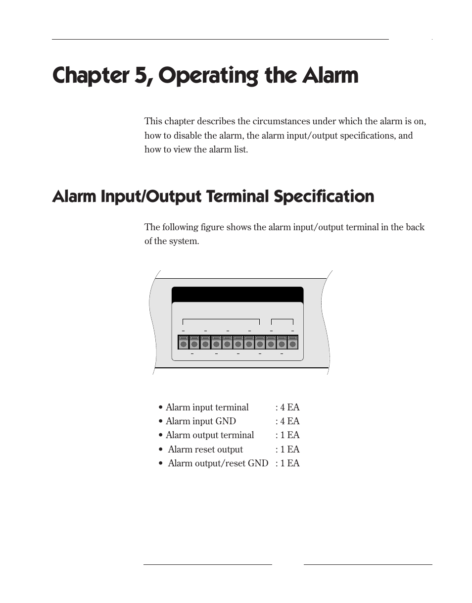 Chapter 5, operating the alarm, Alarm input/output terminal specification | Samsung SCQ-041AP User Manual | Page 37 / 49