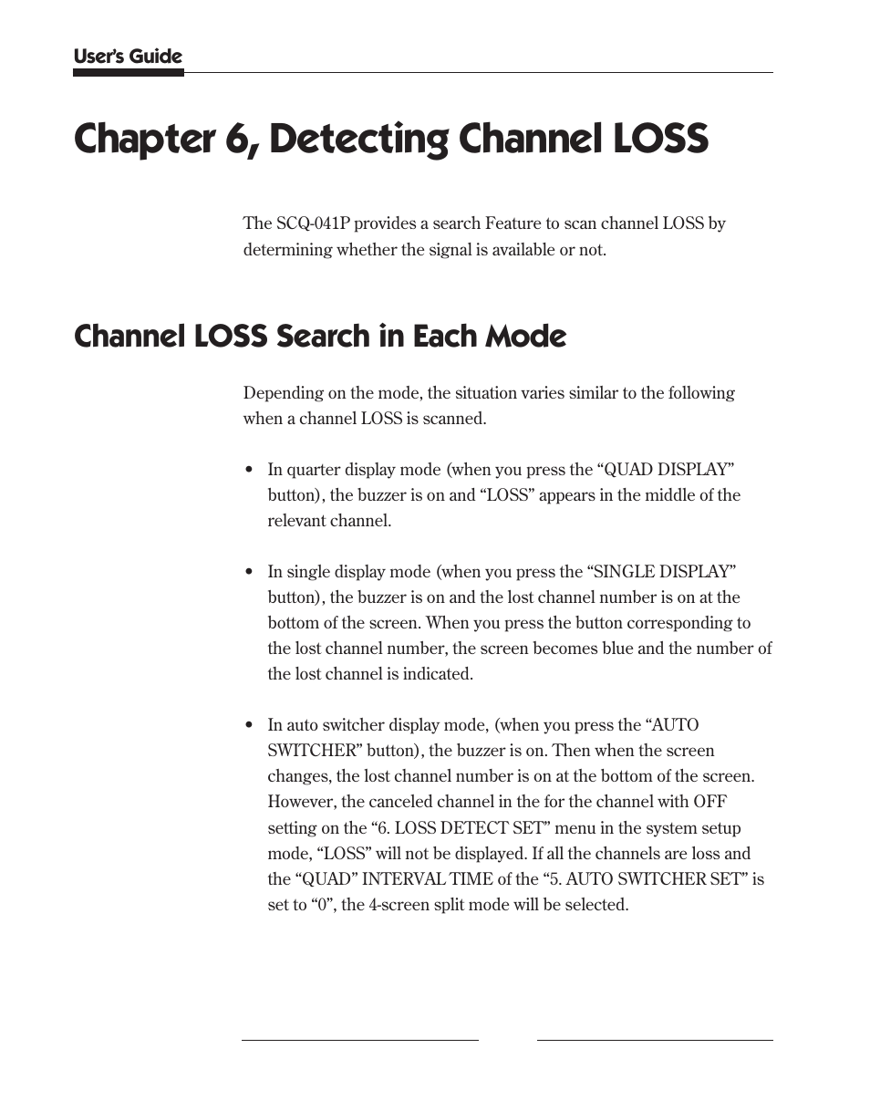 Chapter 6, detecting channel loss, Channel loss search in each mode | Samsung SCQ-041AP User Manual | Page 42 / 49