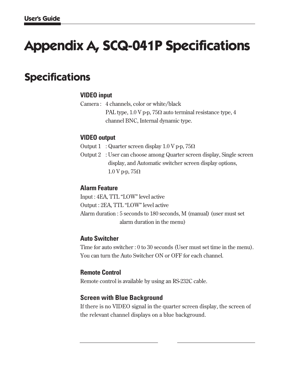 Appendix a, scq-041p specifications, Specifications | Samsung SCQ-041AP User Manual | Page 44 / 49