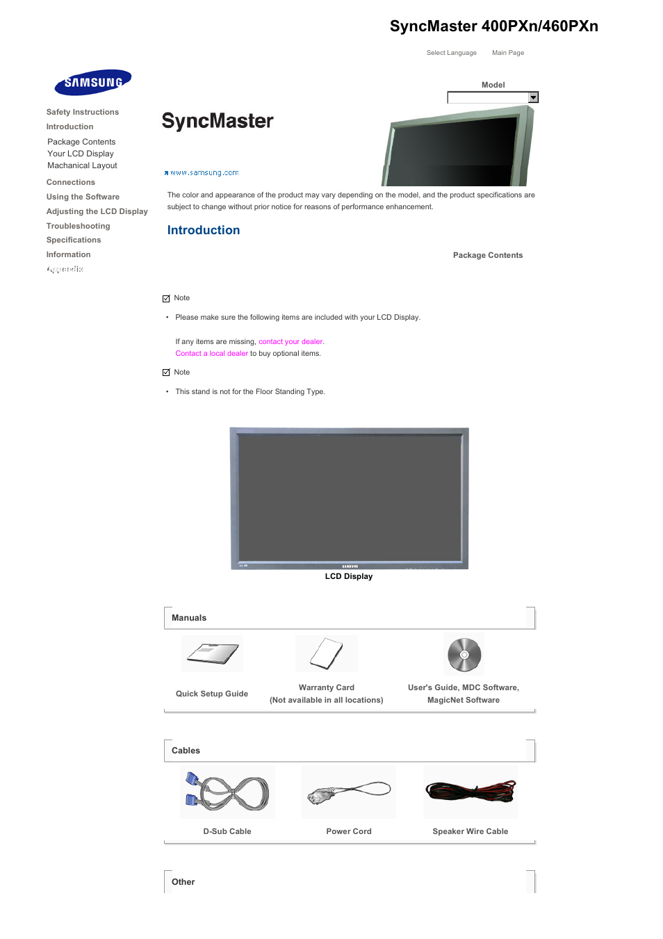 Introduction, Syncmaster 400pxn/460pxn, Package contents | Samsung 400PXn User Manual | Page 11 / 178