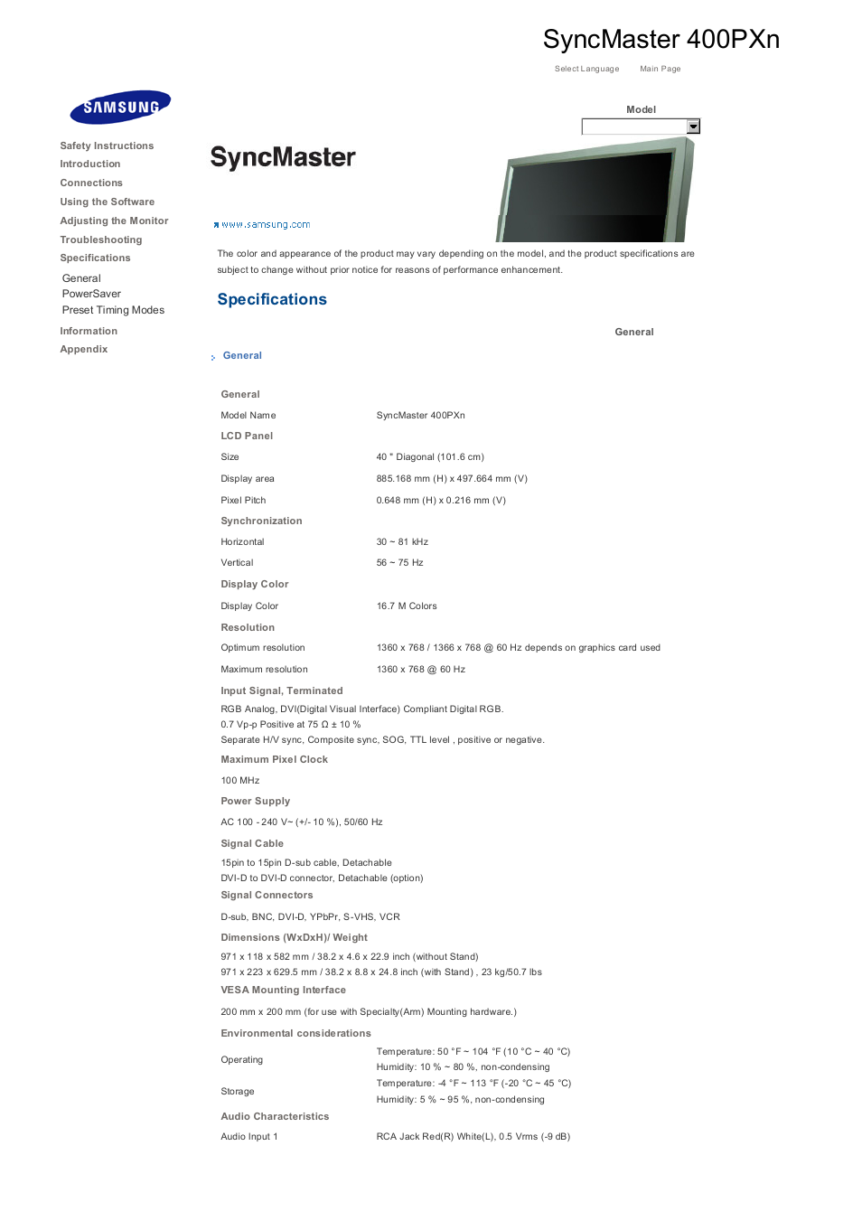 General, Syncmaster 400pxn, Specifications | Samsung 400PXn User Manual | Page 159 / 178