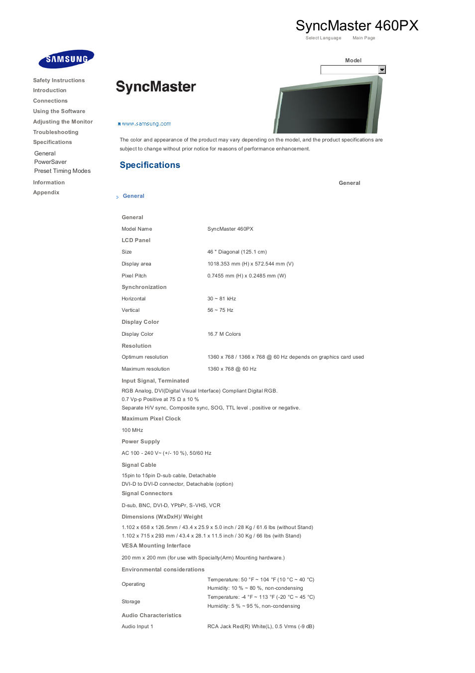 General, Syncmaster 460px, Specifications | Samsung 400PXn User Manual | Page 168 / 178