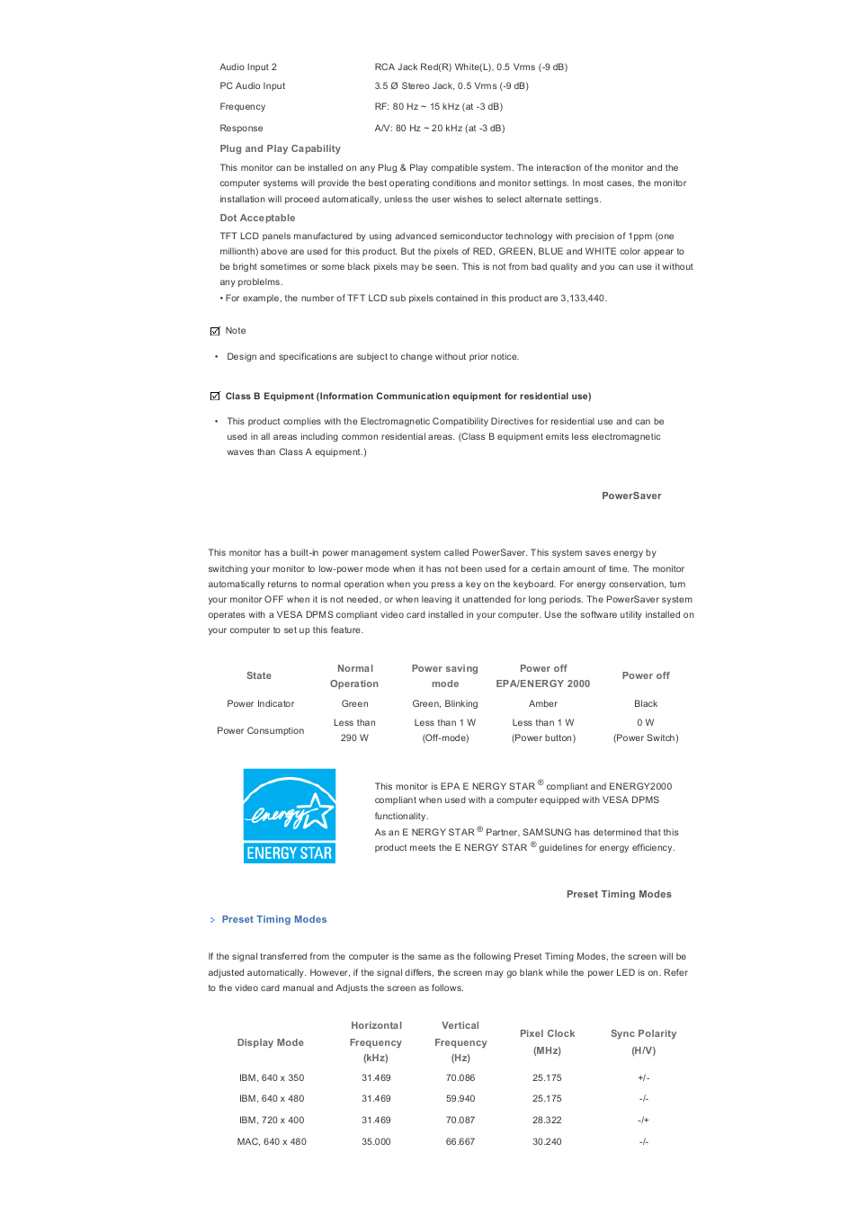 Powersaver, Preset timing modes | Samsung 400PXn User Manual | Page 169 / 178
