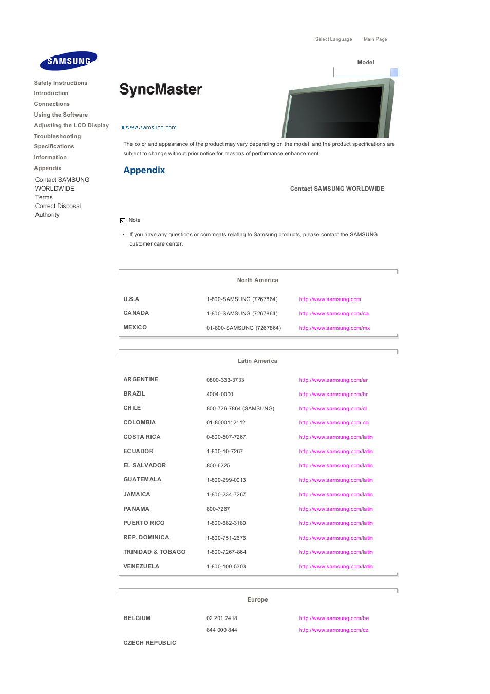 Contact samsung worldwide, Appendix | Samsung 400PXn User Manual | Page 175 / 178