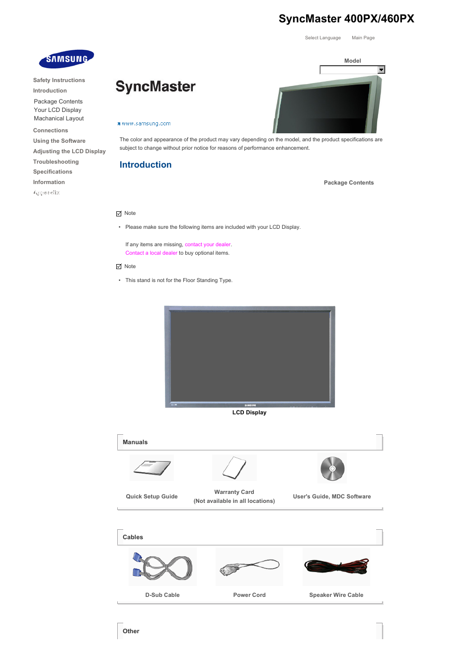 Syncmaster 400px/460px, Package contents, Introduction | Samsung 400PXn User Manual | Page 19 / 178