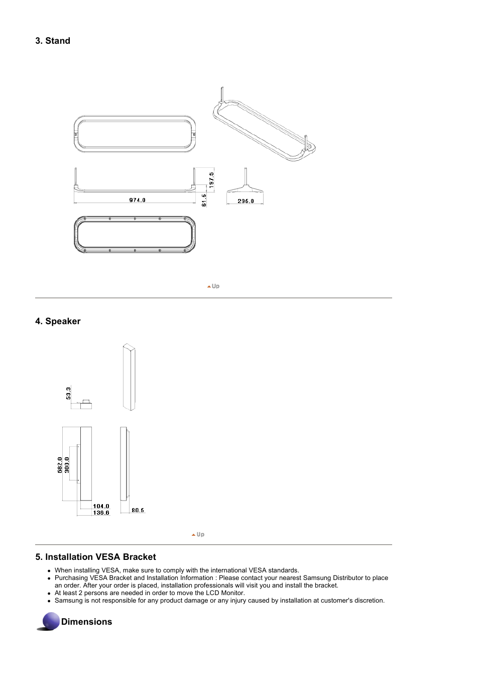Stand 4. speaker 5. installation vesa bracket, Dimensions | Samsung 400PXn User Manual | Page 28 / 178
