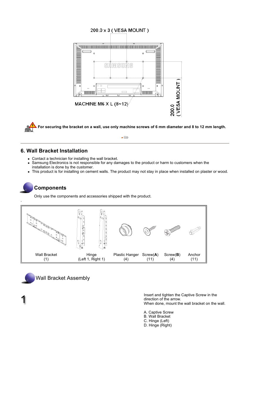 Wall bracket installation, Components, Wall bracket assembly | Samsung 400PXn User Manual | Page 35 / 178