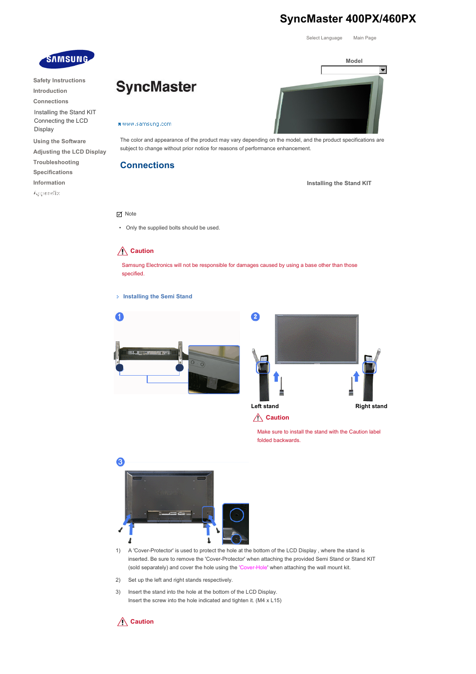 Syncmaster 400px/460px, Installing the stand kit, Connections | Samsung 400PXn User Manual | Page 48 / 178