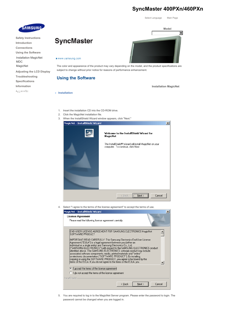 Using the software, Syncmaster 400pxn/460pxn | Samsung 400PXn User Manual | Page 55 / 178