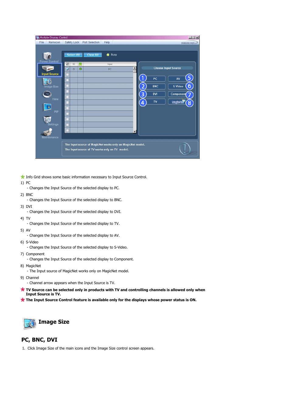 Image size pc, bnc, dvi | Samsung 400PXn User Manual | Page 63 / 178