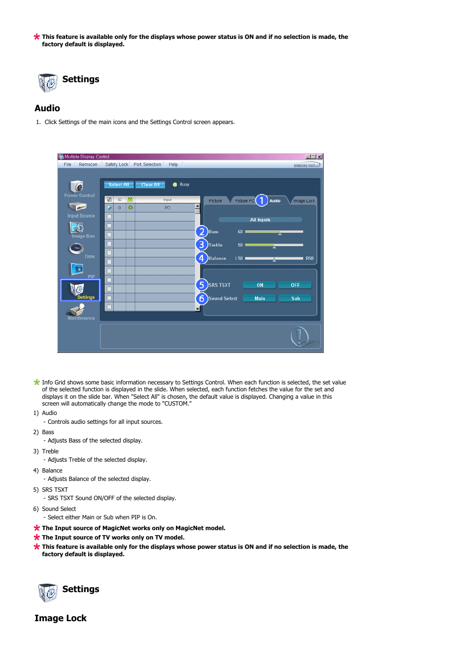 Settings audio, Settings image lock | Samsung 400PXn User Manual | Page 71 / 178