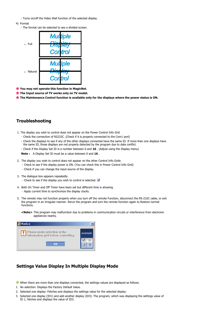 Troubleshooting, Settings value display in multiple display mode | Samsung 400PXn User Manual | Page 76 / 178