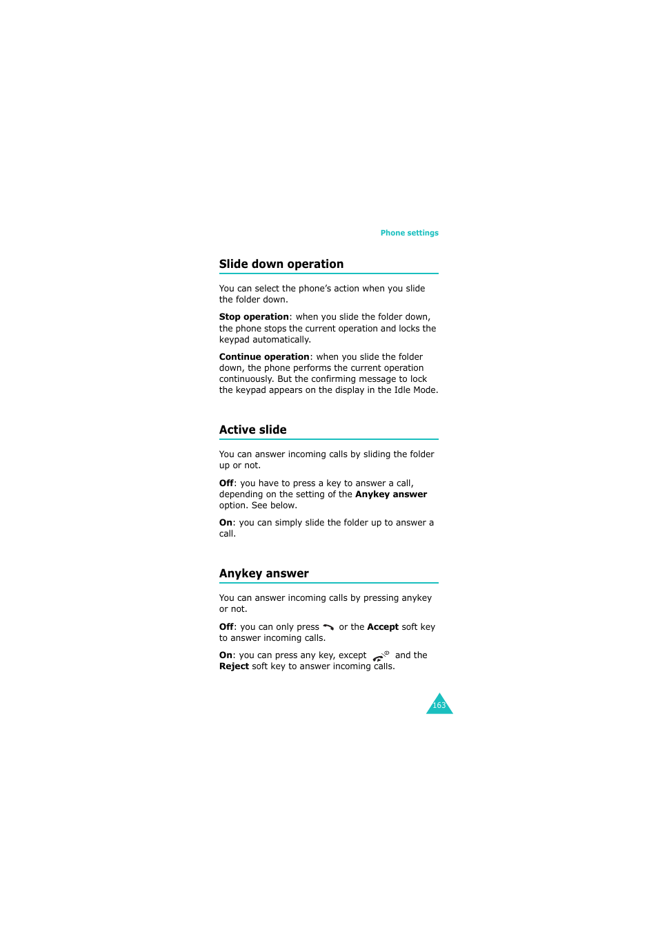 Slide down operation, Active slide, Anykey answer | Samsung 08/2004 User Manual | Page 164 / 196