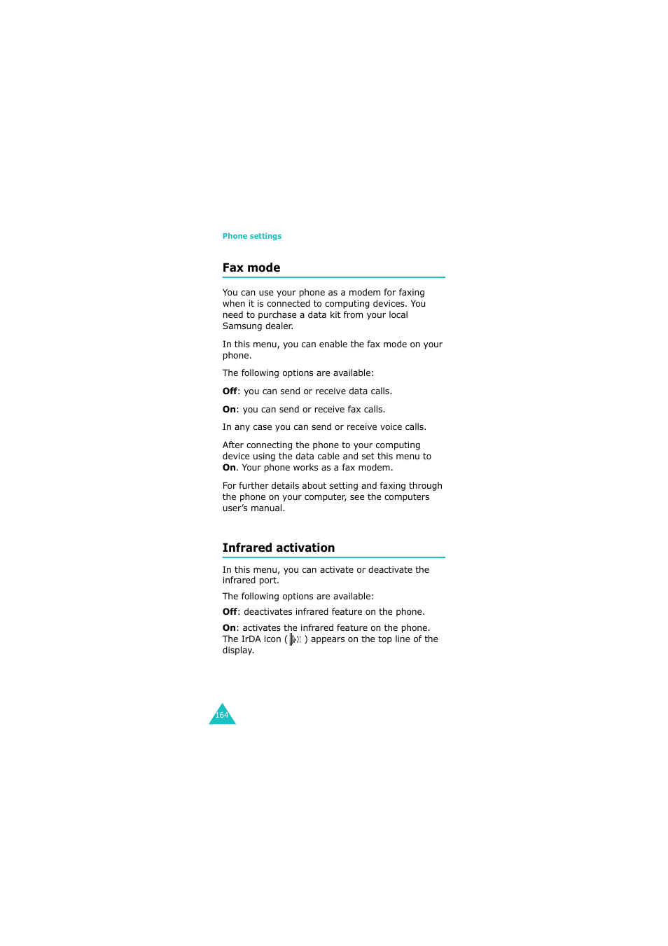 Fax mode, Infrared activation | Samsung 08/2004 User Manual | Page 165 / 196