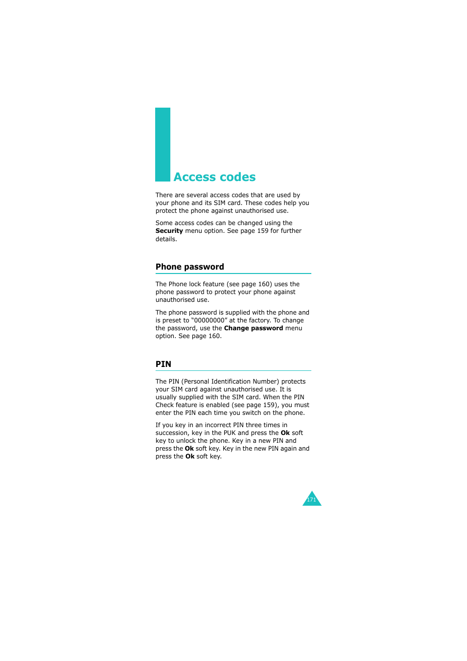 Access codes, Phone password | Samsung 08/2004 User Manual | Page 172 / 196