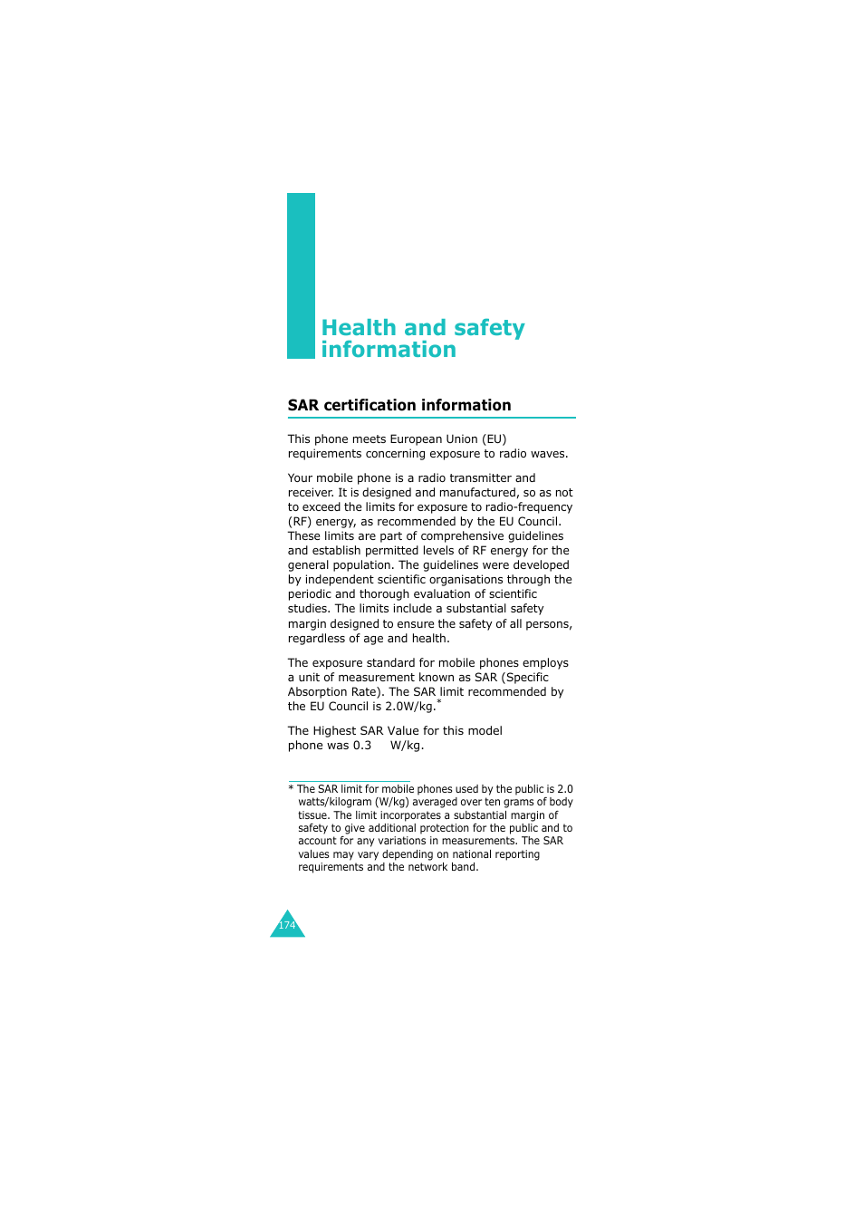 Health and safety information, Sar certification information | Samsung 08/2004 User Manual | Page 175 / 196