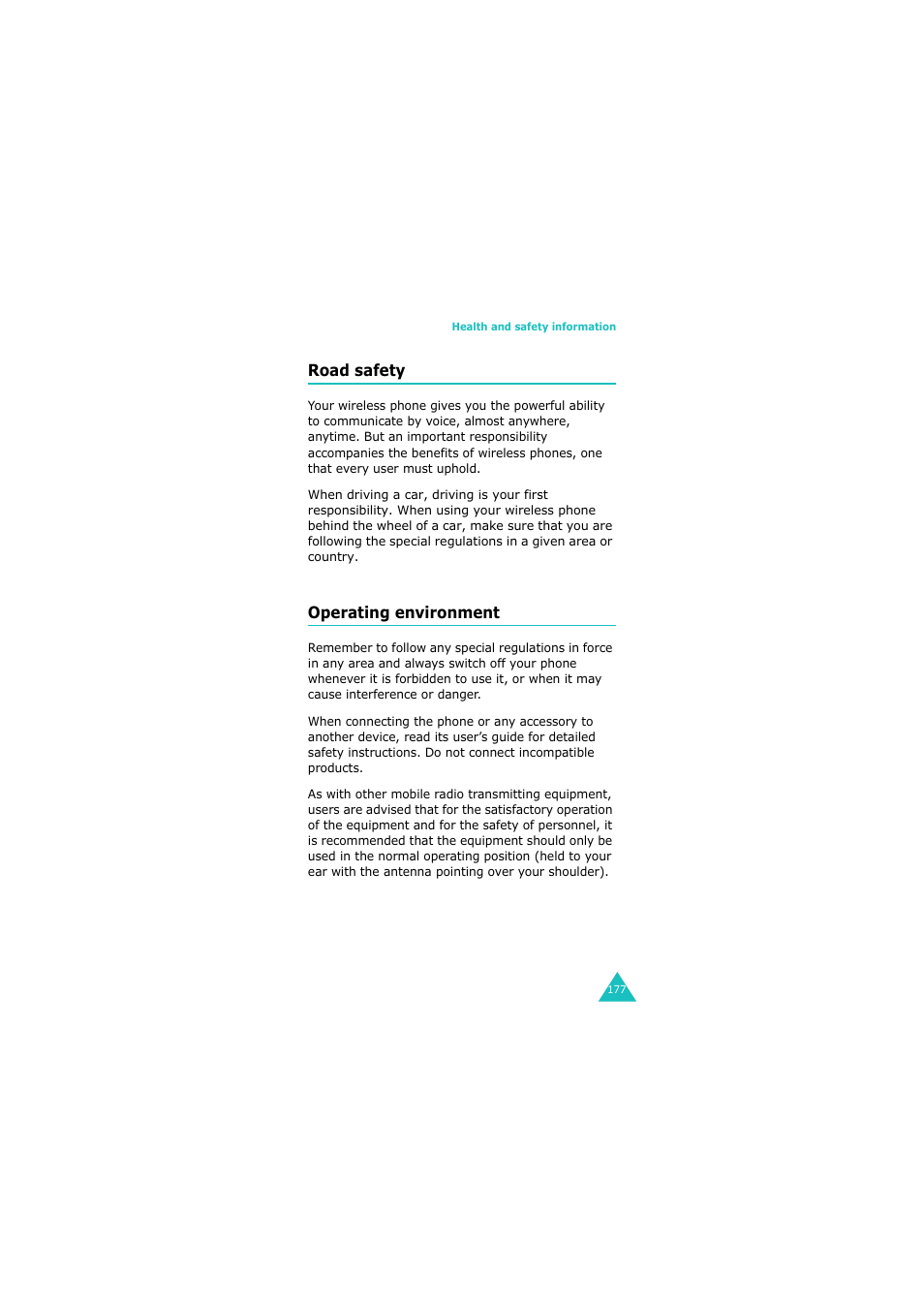 Road safety, Operating environment | Samsung 08/2004 User Manual | Page 178 / 196