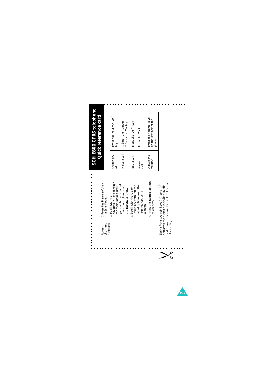 Quick reference card, Sgh-e800 gprs telephone qui ck re fe re nc e ca rd | Samsung 08/2004 User Manual | Page 194 / 196