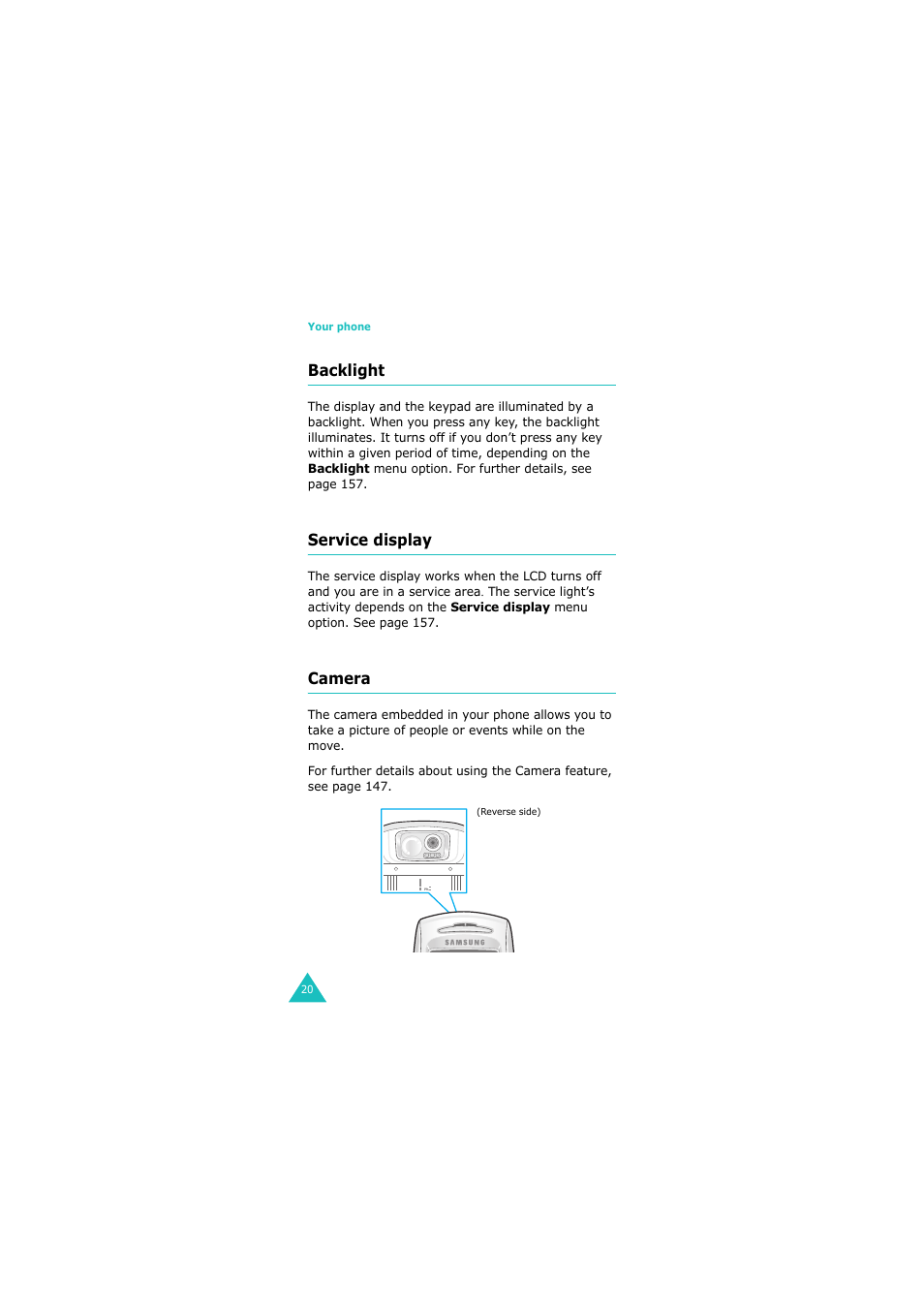 Backlight, Service display, Camera | Samsung 08/2004 User Manual | Page 21 / 196