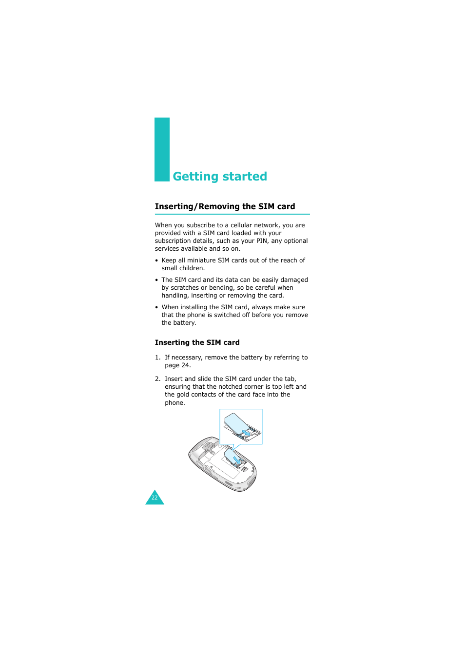Getting started, Inserting/removing the sim card | Samsung 08/2004 User Manual | Page 23 / 196