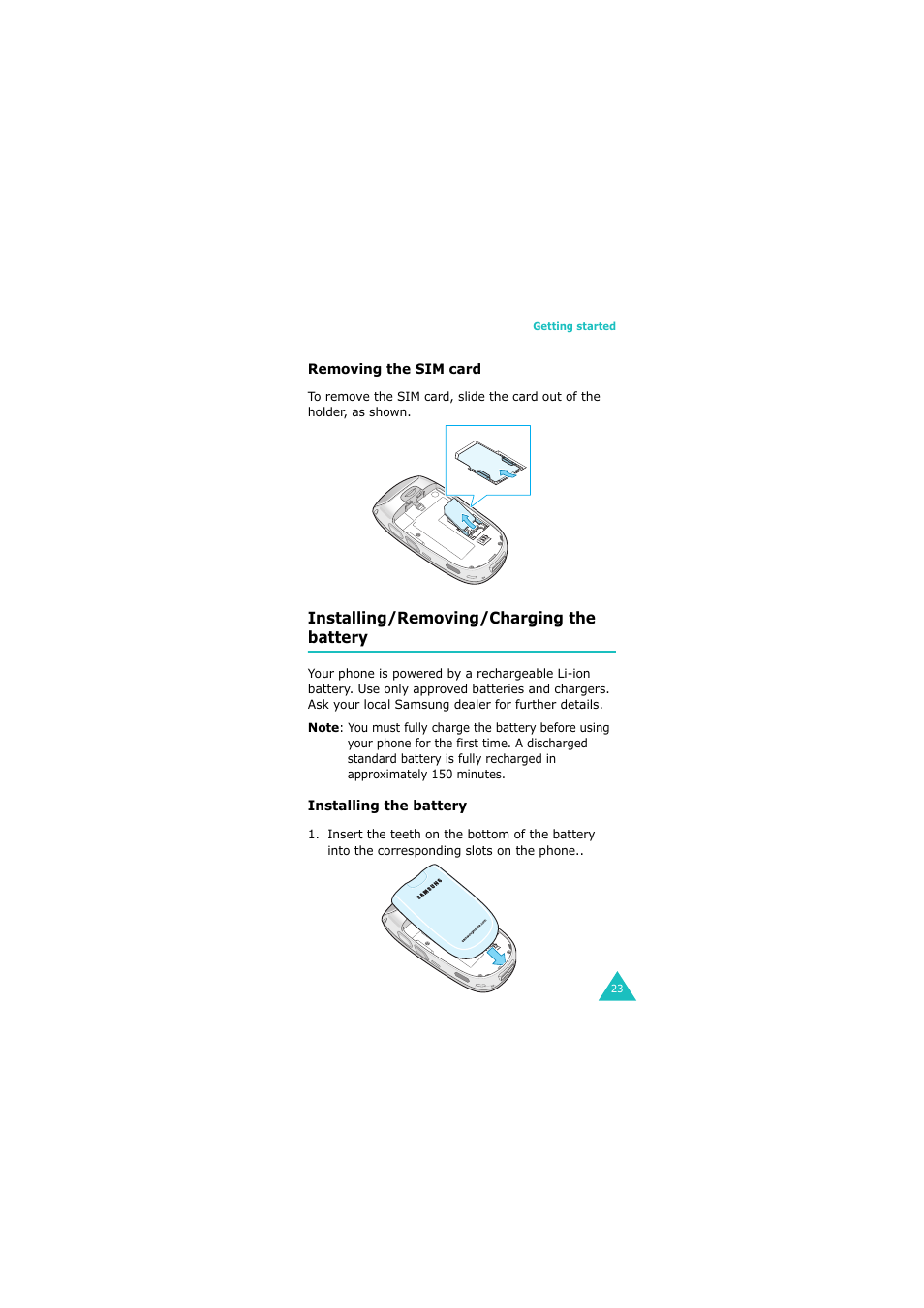 Installing/removing/charging the battery | Samsung 08/2004 User Manual | Page 24 / 196