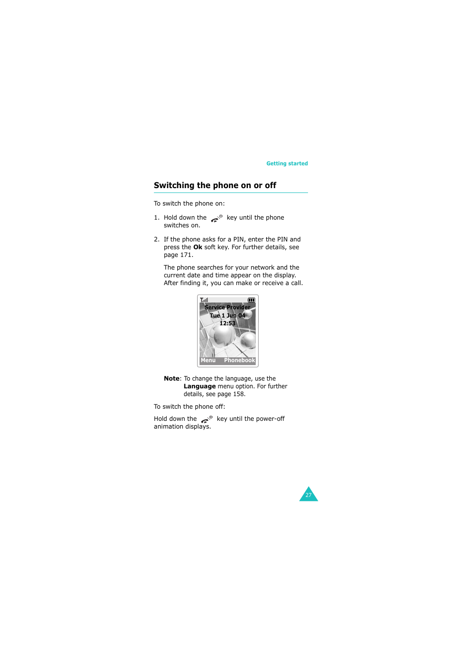Switching the phone on or off | Samsung 08/2004 User Manual | Page 28 / 196