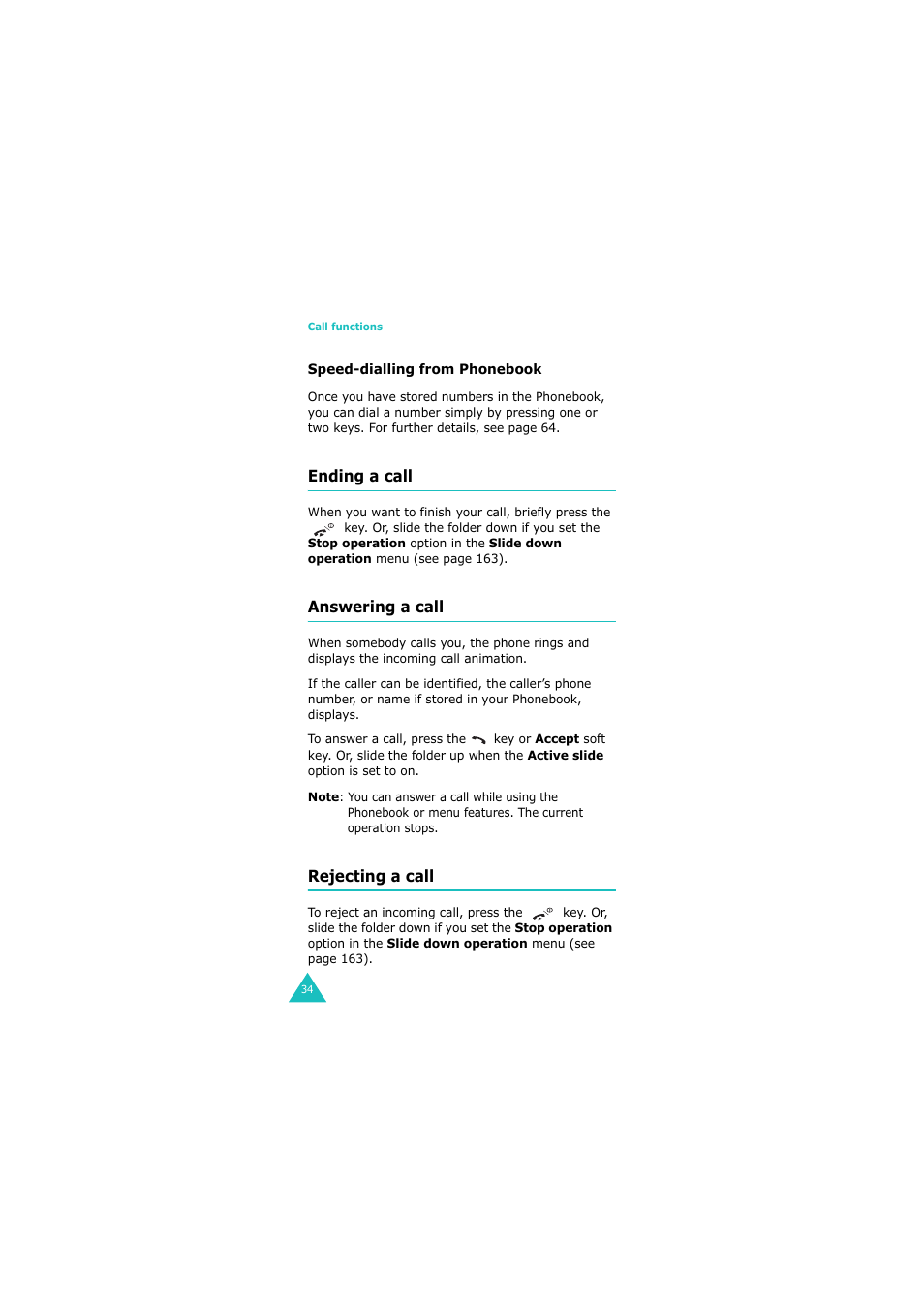 Ending a call, Answering a call, Rejecting a call | Samsung 08/2004 User Manual | Page 35 / 196