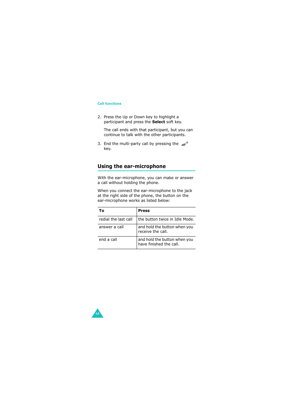 Using the ear-microphone | Samsung 08/2004 User Manual | Page 45 / 196