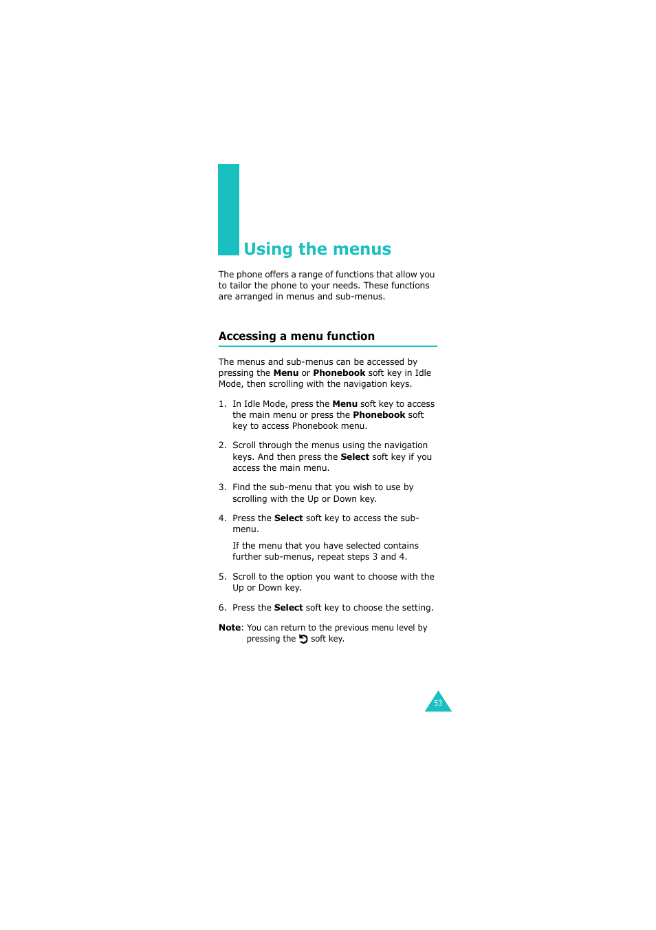 Using the menus, Accessing a menu function | Samsung 08/2004 User Manual | Page 54 / 196
