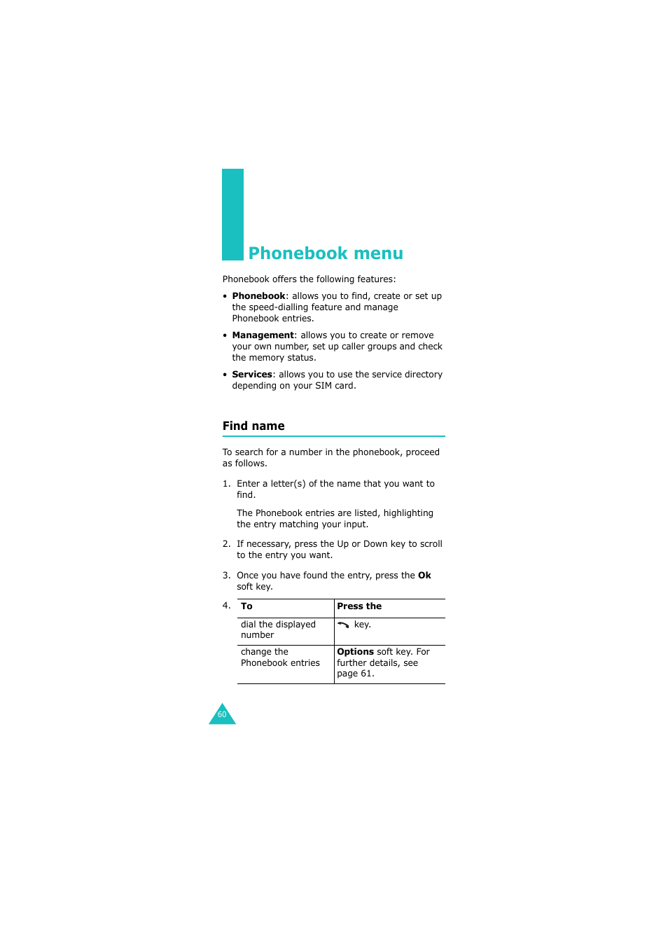 Phonebook menu, Find name | Samsung 08/2004 User Manual | Page 61 / 196