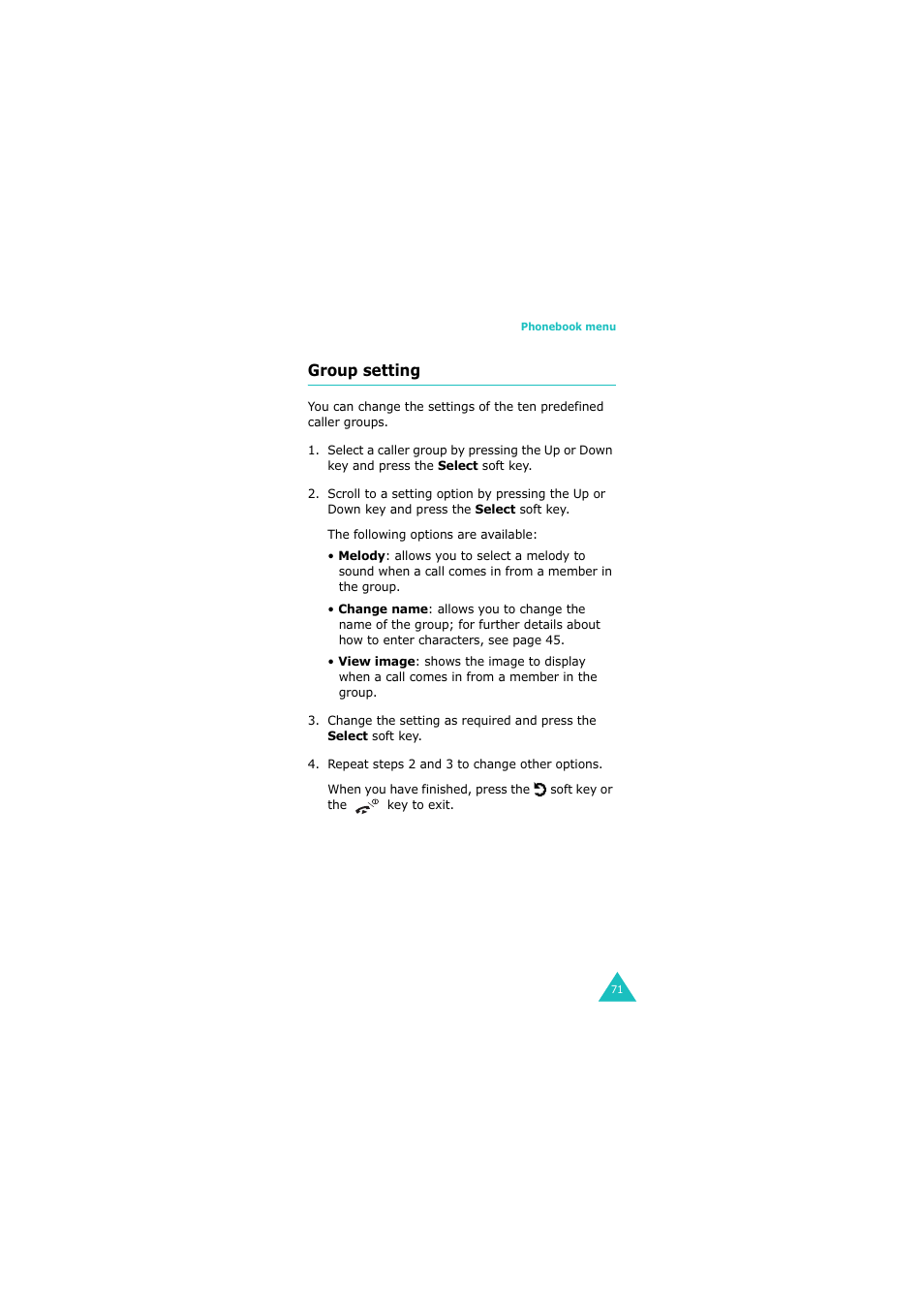 Group setting | Samsung 08/2004 User Manual | Page 72 / 196