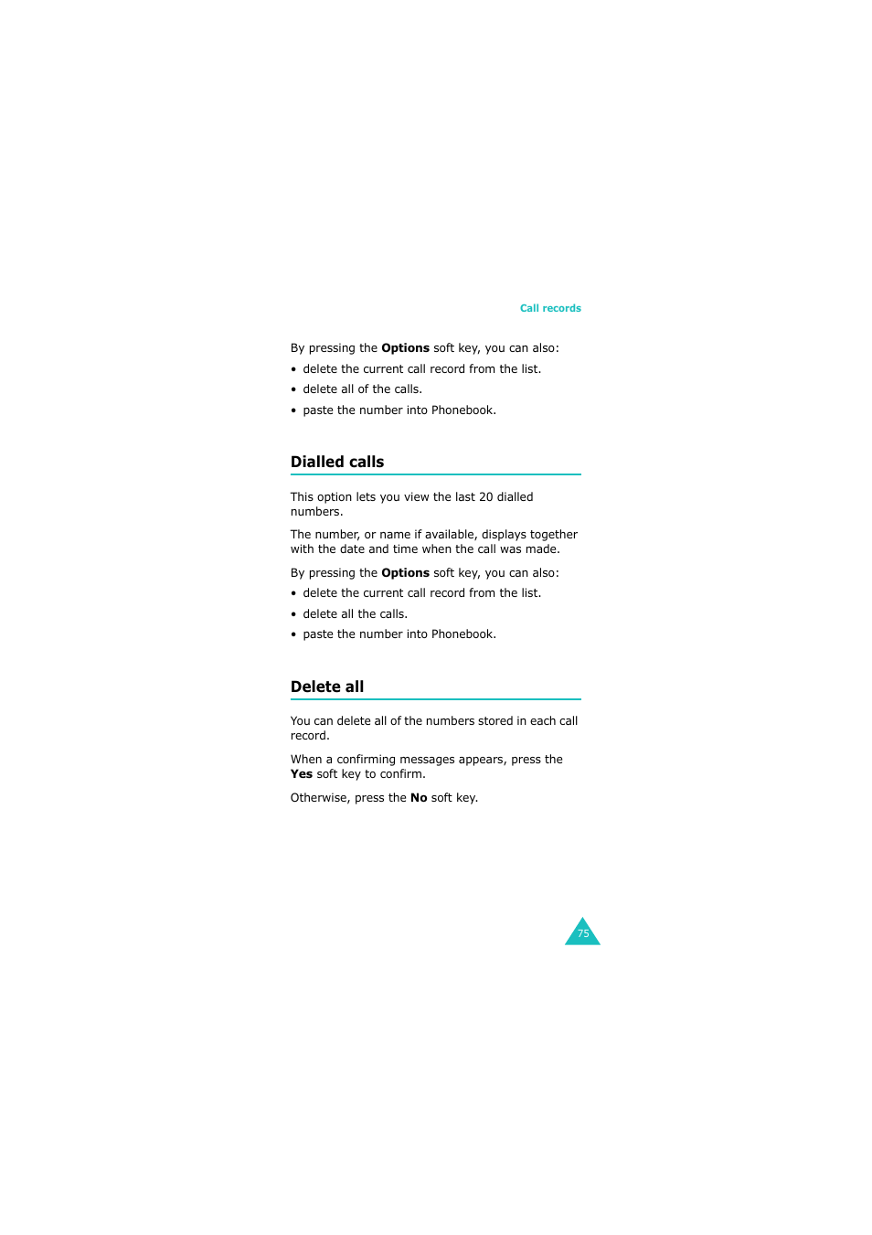 Dialled calls, Delete all | Samsung 08/2004 User Manual | Page 76 / 196